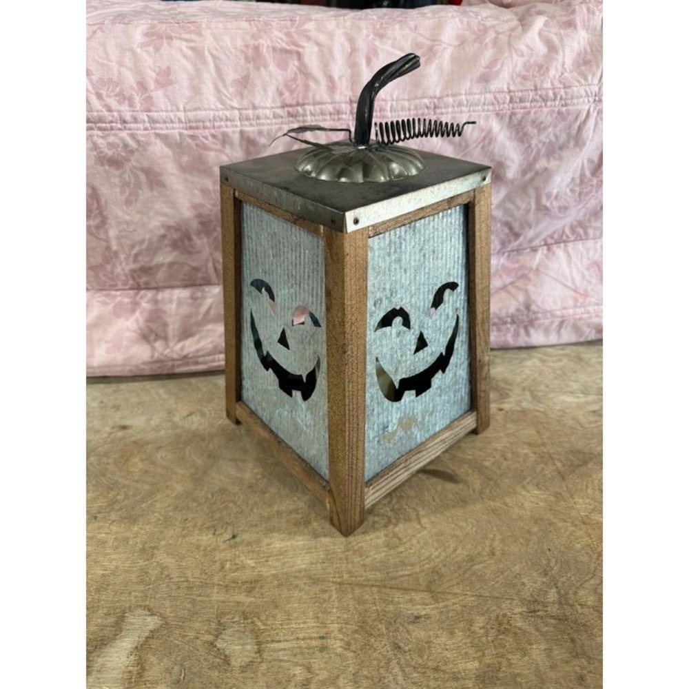 Wooden Corrugated Metal LED Jack-O-Lantern Lantern
